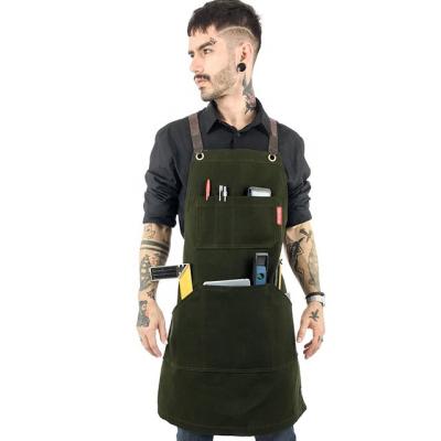 China Adjustable Buckle Garden Chef Dental Cafe Bib Work Green Waxed Canvas Leather Trim Woodwork BBQ Shop Hair Apron for sale