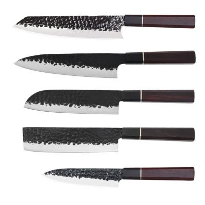 China High Quality 3-Layer Forged Durable Sandalwood 5CR15MOV Handle Japanese Kitchen Knife Hammer Blade Chef Knife 5PCS for sale