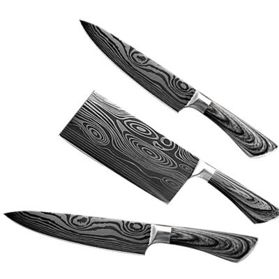 China Dropshipping Viable 3 Pieces Food Grade New Damascus Carbon Steel Fiber Rubber Wood Grain Handle Chef's Knife Carving Serving Knife Set for sale