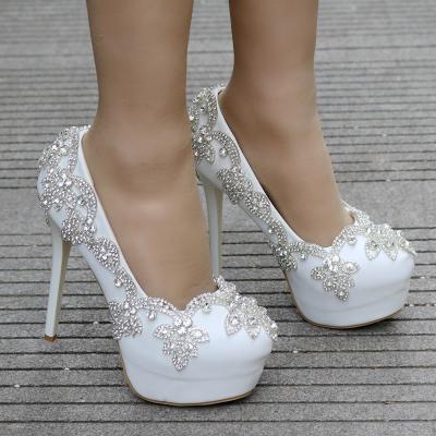 China Trend Crystal Queen Wedding Shoes Fashion Bride Heels Pumps Day Evening Party Luxury Square Heel 14cm Plus Size White for sale