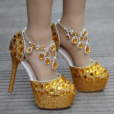 China Crystal Queen Sandals Women Girl Glitter Evening Dress Round High Heels Wedding Shoes Bridal for sale