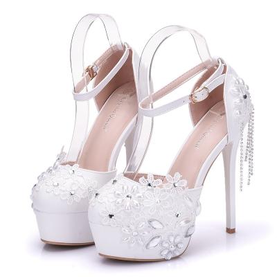 China Round Crystal Queen Sexy Tassel Lace Wedding Shoes Lady Bridesmaid High Heel Sandals Women Brides Pumps for sale