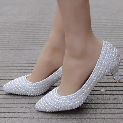 China Crystal Queen Women Pumps Wedding Shoes Spring Bridal High Heels Mouth Printed Shallow Dress Pointed for sale