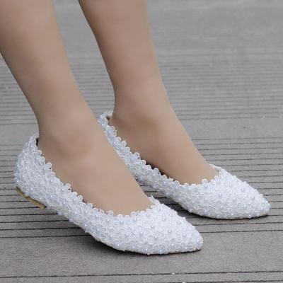 China Crystal Queen Ballet Flats White Light Pearl Lace Wedding Shoes Headed Toe Women Princess Big Size 43 for sale