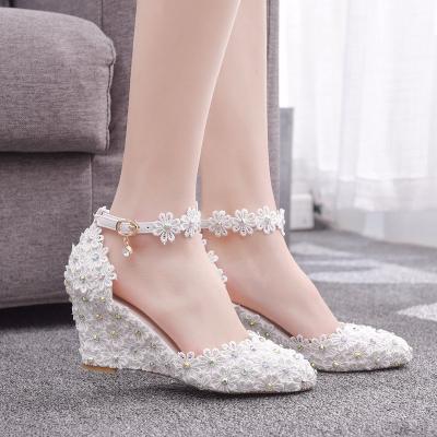 China Crystal Queen 8CM Anti-Slippery Wedges Heels Woman Wedding Shoes Bride White Lace UP Sweet Bridesmaid Bridal Pumps for sale