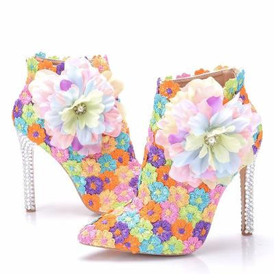 China Crystal Queen Autumn Multicolor Lace thermal wedding shoes sexy women flower pointed toe thin high heel ankle boots for sale