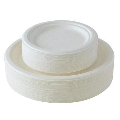 China Disposable Sugar Cane Bagasse Bamboo Paper Pulp Disposable Sugar Cane Party Dish Biodegradable Compostable Round for sale