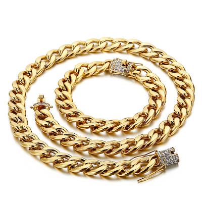 China Hiphop 316L Stainless Steel Mens CZ Zircon Cuba Chain Bracelet Necklace Set for sale