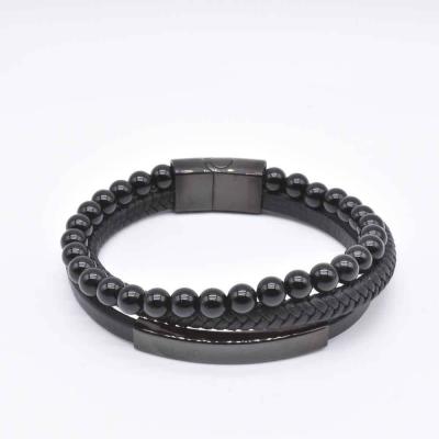 China Logo Gift Stainless Steel Custom Natural Luxury Ethnic Stones Agate Bead Braided Men Leather Bracelet for sale