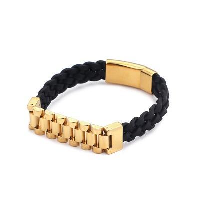 China Azone Trendy Stainless Steel Chain And Bombined Bracelet Mens Genuine Leather Statement Jewelry For Men for sale