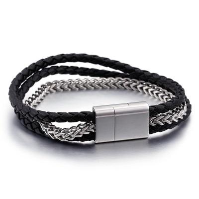 China Fashionable Azone Woven Leather Bracelet Stainless Steel Chain Bracelet Braided Genuine Leather Bracelet Men for sale