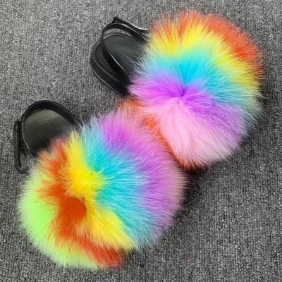 China Light Mixed Colors Furry Cute Real Fox Toddler Sandals Baby Furry Raccoon Fur Slippers Furry Slides Wholesale With Strap for sale