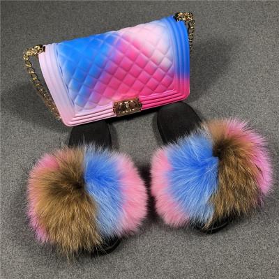 China Real Fox Fur Anti-Slippery Shoes Mid Size Slips Women Slippers Freeze Bag Pussy Pack Fur Slides With Purse Set for sale