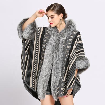 China 2020 European Autumn Winter New Factory Direct Women's Faux Rex Rabbit Fur Collar Hooded Knit Shawl for sale