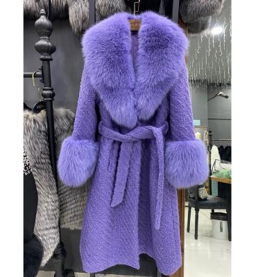 China Anti-Wrinkle Fashion Women Luxury Long Woolen Jacket Real Fox Fur Winter Belted Tweed Coat for sale