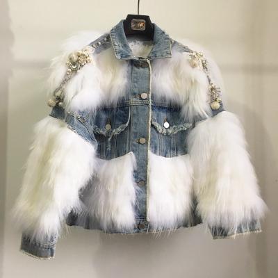 China Winter Girl Denim Bling Bling Short Fur Coat Fancy White Soft White Fur Jacket Anti-Shrink Raccoon Fashion Crystal Women Coat Shorts for sale