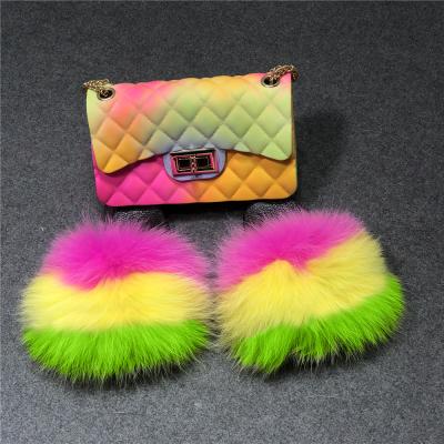 China Amazon Flat Hot Sale Genuine Fox Raccoon Fur Slippers And Purse Set Customized Color For Kids for sale