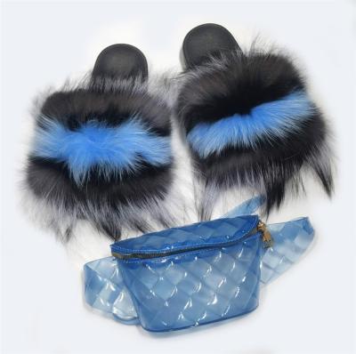 China Wholesale Fashion Trend Fur Slippers Purse Sets Real Fur Slides Fanny Pack Jelly Bag Big Fox Fur Sandals For Women for sale