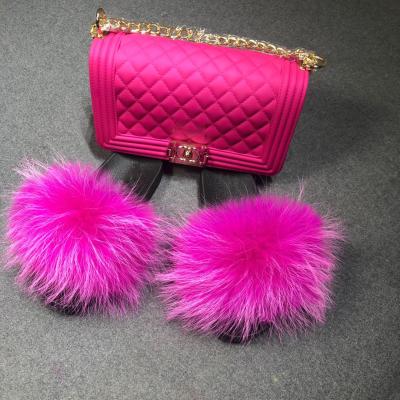 China Factory Real Fur Slippers Set Fuzzy Slippers Women Jelly Bag Fox Handbag Medium Anti-slippery Fur Slippers Wholesale for sale