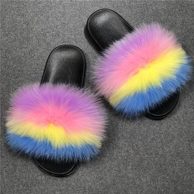 China Ladies new design 2021 fashion trend wholesale furry sandals real slide Fox raccoon fur slippers shoes for women for sale