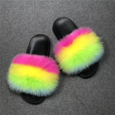 China Factory Custom Outdoor Shoes Sandals Fox Anti-Slippery Slips Real Raccoon Fur Indoor Flush Soft Slipper For Women for sale