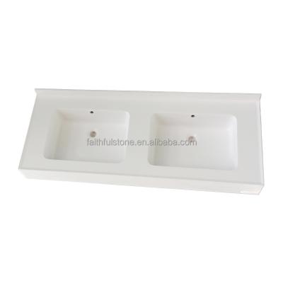 China Eco-friendly Wholesale White Artificial Marble Stone Tabletop Wash Basins Bathroom Double Basin Sink for sale