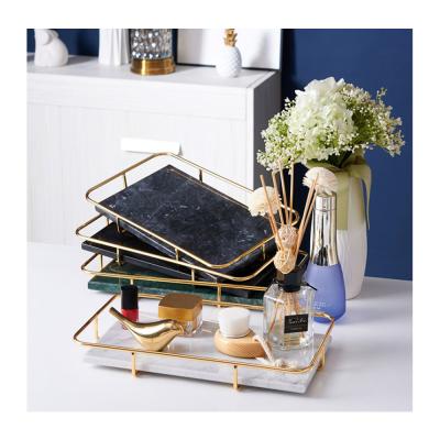 China Eco-friendly wholesale natural marble stone tray storage serving tray with metal handle in cheap price for sale