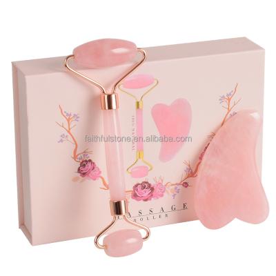 China Hot Selling Natural Globe Pink Rose Quartz Crystal Gua Sha And Roller Tool Kit Healing Stone In Gift Package for sale