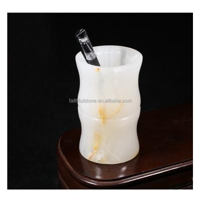 China Wholesale Eco-friendly Natural Jade Stone Pen Container Round Pen Cup Holders Small Jade Marble Vase In Reasonable Price for sale