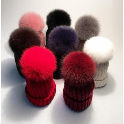 China Fashion COMMON Fur Balls For Hat Winter Warm Knitted Women Beanie Hat With Fur Fox Fur Pom Pom Hats for sale