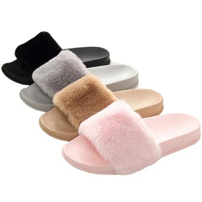 China Fashion Trend Faux Fur Slides Pink Cute Slipper Women Ladies Fur Slippers Soft Furry Slides for sale