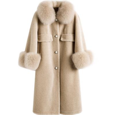 China Breathable Winter Warmer Fox Fur Collar Sheep Fur Coat Long Lambskin Fur Coats For Women for sale