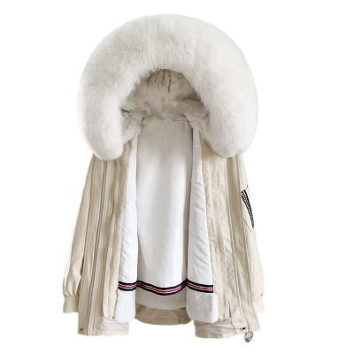 China Real design breathable woman fashion fox collar hood fur parka rabbit striping coat women wholesale fur parka for sale