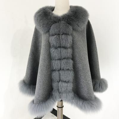 China Wholesale Fox Fur Luxury Cashmere Winter Cashmere Poncho Fur Trim Pashmina Shawl for sale