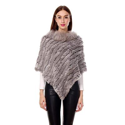 China Winter Ladies Real Rabbit Fur Knitted Rabbit Fur Shawl Poncho Fur Cape With Raccoon Warm Fur Collar For Women for sale