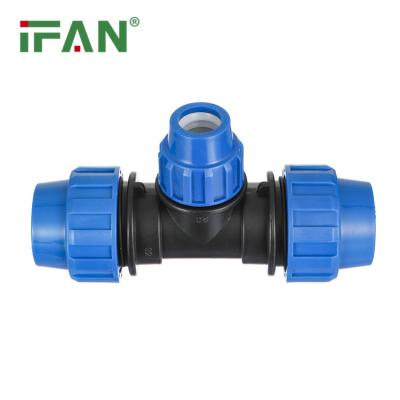 China PP Compression Fittings IFAN Wholesale Price Dark Blue HDPE Reduce TEE For Farm Irrigation System Free Sample for sale