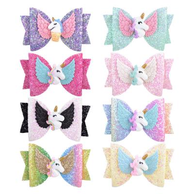 China For birthdays 8pcs Unicorn Hair Bows for Girls 3 Inch Girls Hair Bows Glitter Grosgrain Ribbon with Alligator Clips Hair Accessories for Girls for sale