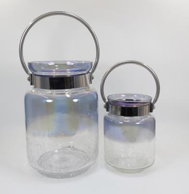 China Cylinder Clear Shiny Blue Crystal Glass Wind Lantern Country Modern Home Decor Vase With Metal Handle for sale