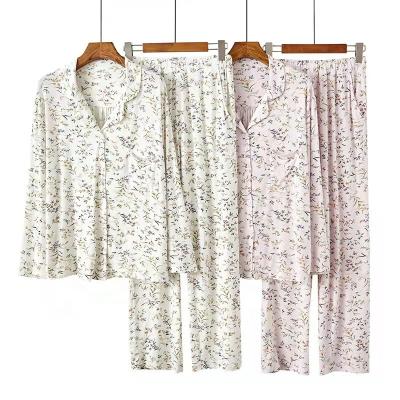 China Luxury New Design Breathable Cotton Pajamas Ladies Sleepwear 2 Pieces All Over Print Modal Pajamas Set For Women for sale