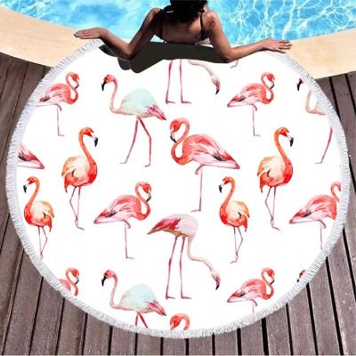 China Child safe round printed beach towel with soft microfiber and tassel feel can be customized LOGO flamingo for sale