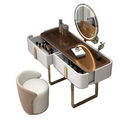 China Fashion Light Luxury Glass Storage Cabinet With LED Mirror Stools Vanity Dressing Table for sale