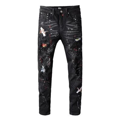 China Viable Wholesale Men's Ripped Embroidery Patched Splatter Jeans for sale