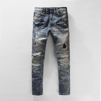 China Viable Mens Moto Biker Jeans Ripped Repaired Denim Pants for sale