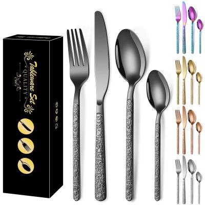 China Durable Grain Embossed Stone Knife Fork And Spoon Tableware Titanium Plated Creative Relief Steak Vintage Western Tableware for sale