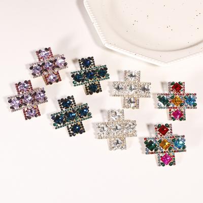 China Luxury Jewelry Shining Large Diamond Cross Stud Earrings Crystal Rhinestone Vintage Glass Stud Earrings TRENDY for sale