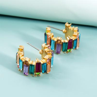 China FASHIONABLE 2023 Hot Sale Colored Glass Drill Gold Plated Geometric Earrings Rainbow Rhinestone C Shaped Stud Earrings For Women for sale