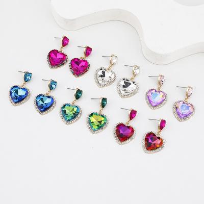 China Colorful Dangling Heart-Shaped Crystal Rhinestone Love Heart Glass Earring Stud Earrings Trendy Big For Women Gold for sale