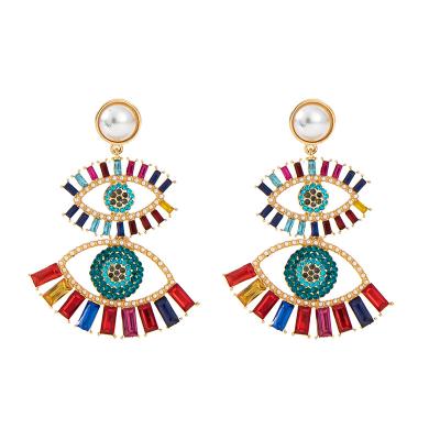 China FASHIONABLE Luxury Pearl Cavity Devil Eye Dangle Colorful Rhinestone Crystal Evil Eyes Statement Earrings Multi Layer Earrings for sale