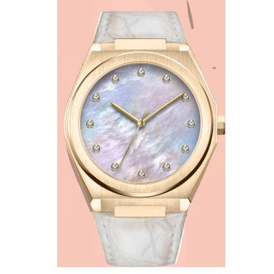 China Customized Diamond Pearl Shell Dial Ultra Thin Full Stainless Steel Calendar Fashion Minimalist Quartz Watches Women Luxury Brand for sale