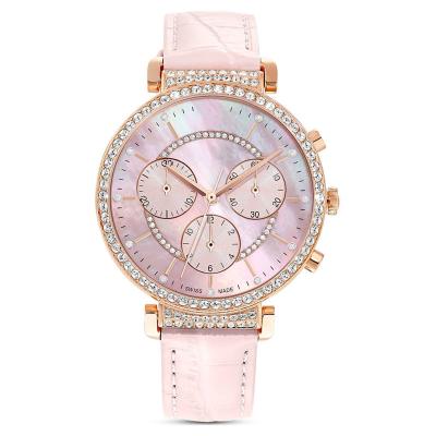 China Pearl Shell Dial Leather Strap Chrono Diamond Crystal Watches Woman Luxury Brand Chronograph Rose for sale